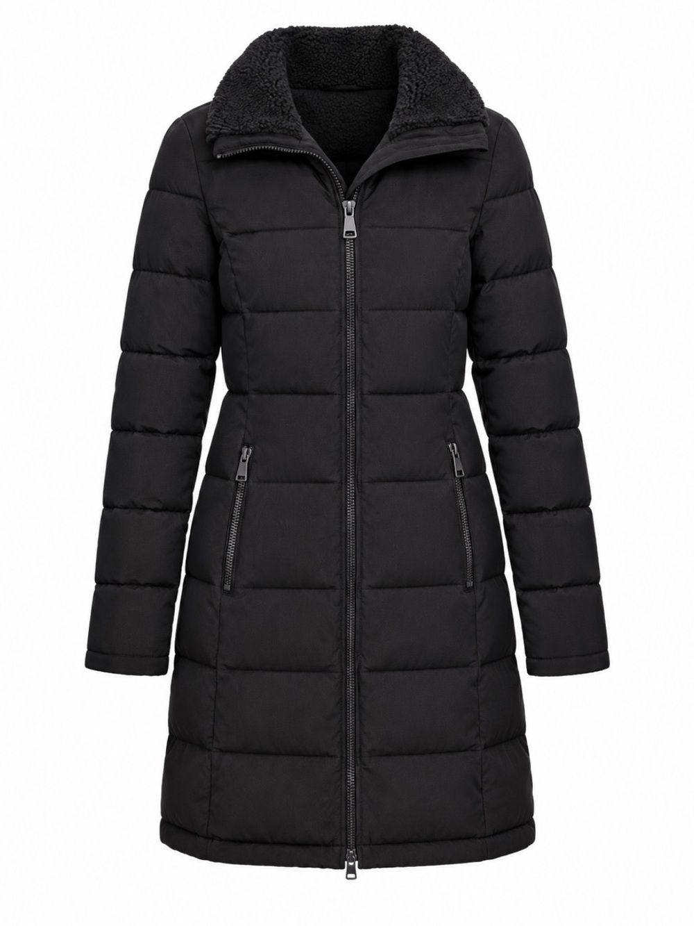 Calvin Klein new with tag Black Quilted Long Puffer Coat with Sherpa Collar siz